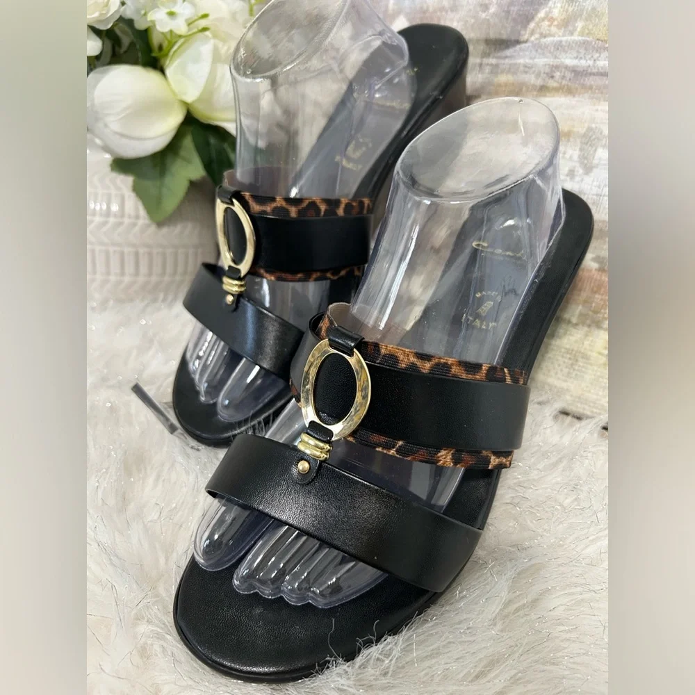 Black Leopard Trim Slide Sandals with Gold Accent